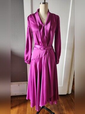 Nasty Gal Magenta Satin Wrap-Style Long Sleeve Dress